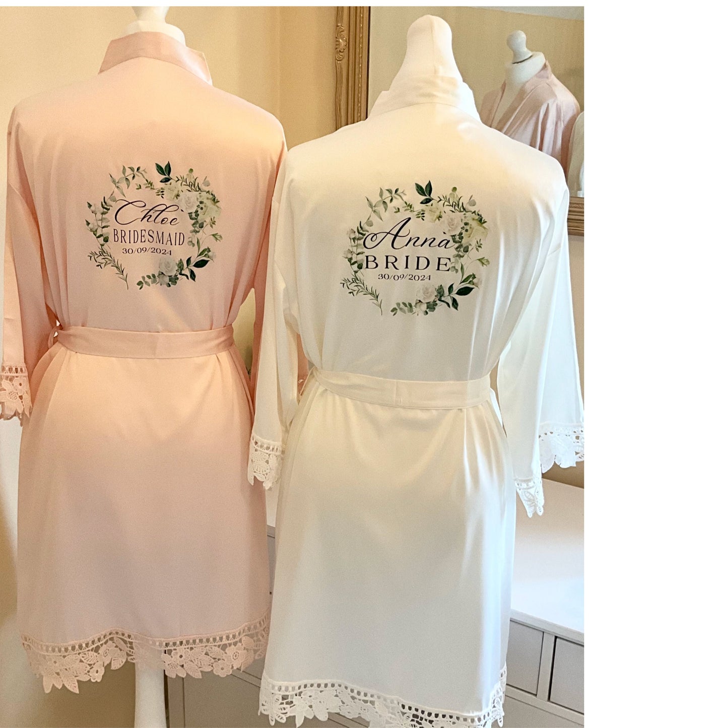 Personalised Bridal Party Robes with Lace Trim - Bridesmaid, Bride, Maid Honour