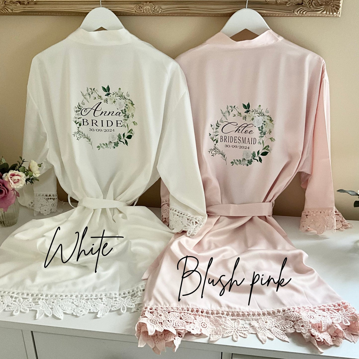 Personalised Bridal Party Robes with Lace Trim - Bridesmaid, Bride, Maid Honour