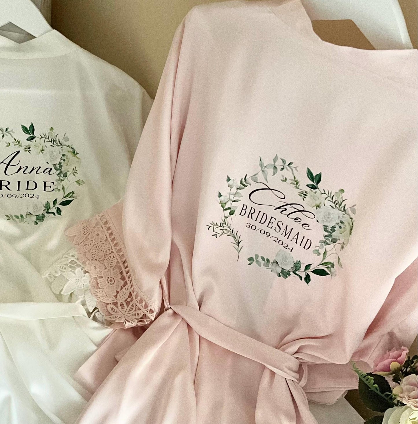 Personalised Bridal Party Robes with Lace Trim - Bridesmaid, Bride, Maid Honour