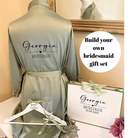 Personalised Bridesmaid Robe Gift Set | Satin Lace Robe | Matching Gift Bag, Hanger & Champagne Flute | Bridal Party Gift