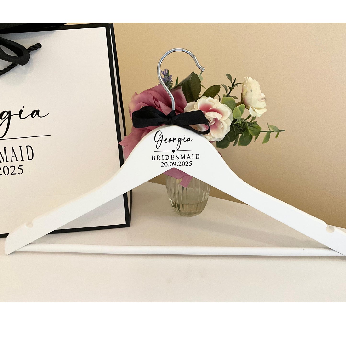 Personalised white wooden bridesmaid hangers with ribbon - wedding dress hanger - customised hangers for bridal party