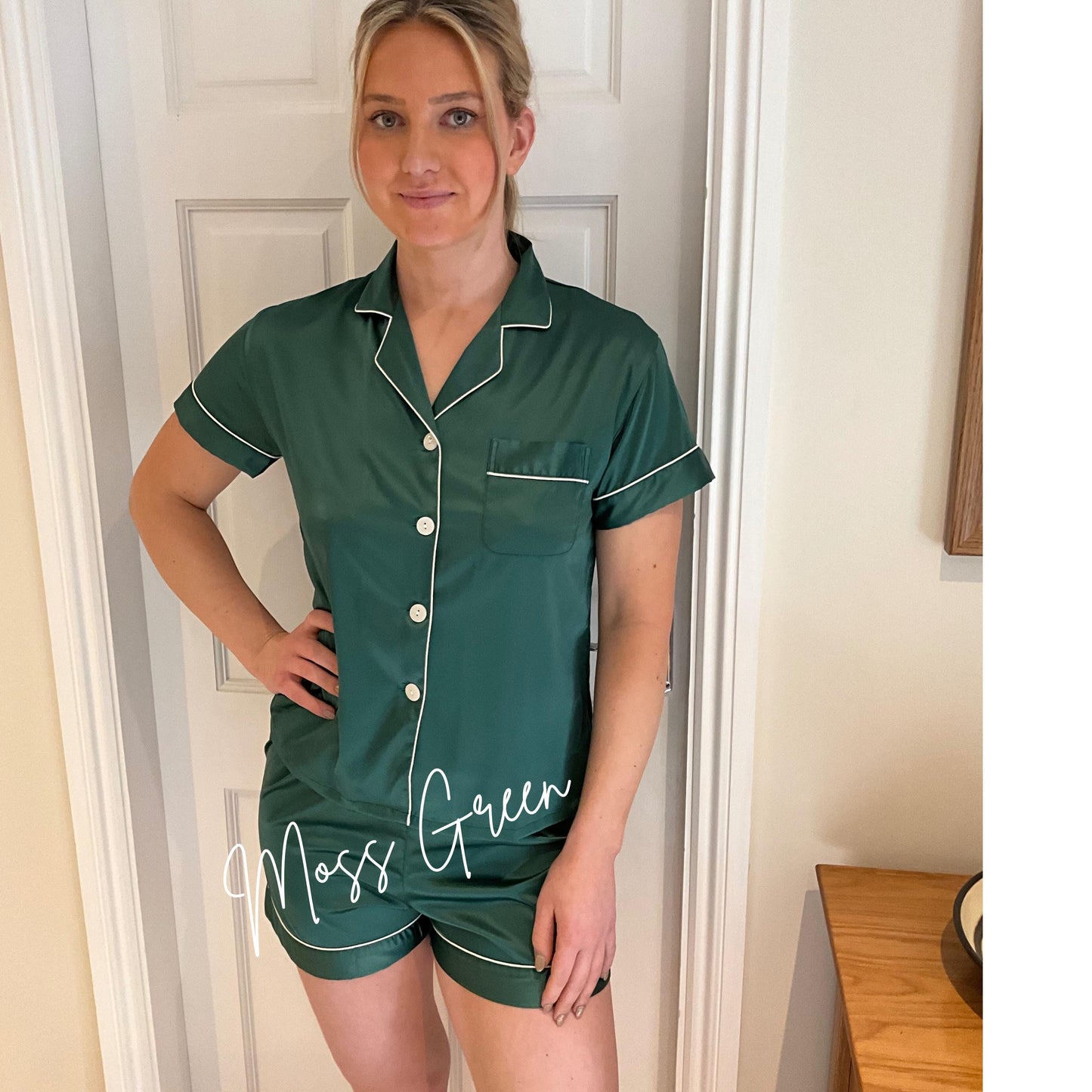 Green Satin Pyjama Set for bridesmaid - Short Sleeve Bridal Sleepwear
