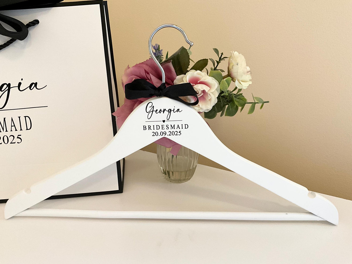 Personalised white wooden bridesmaid hangers with ribbon - wedding dress hanger - customised hangers for bridal party