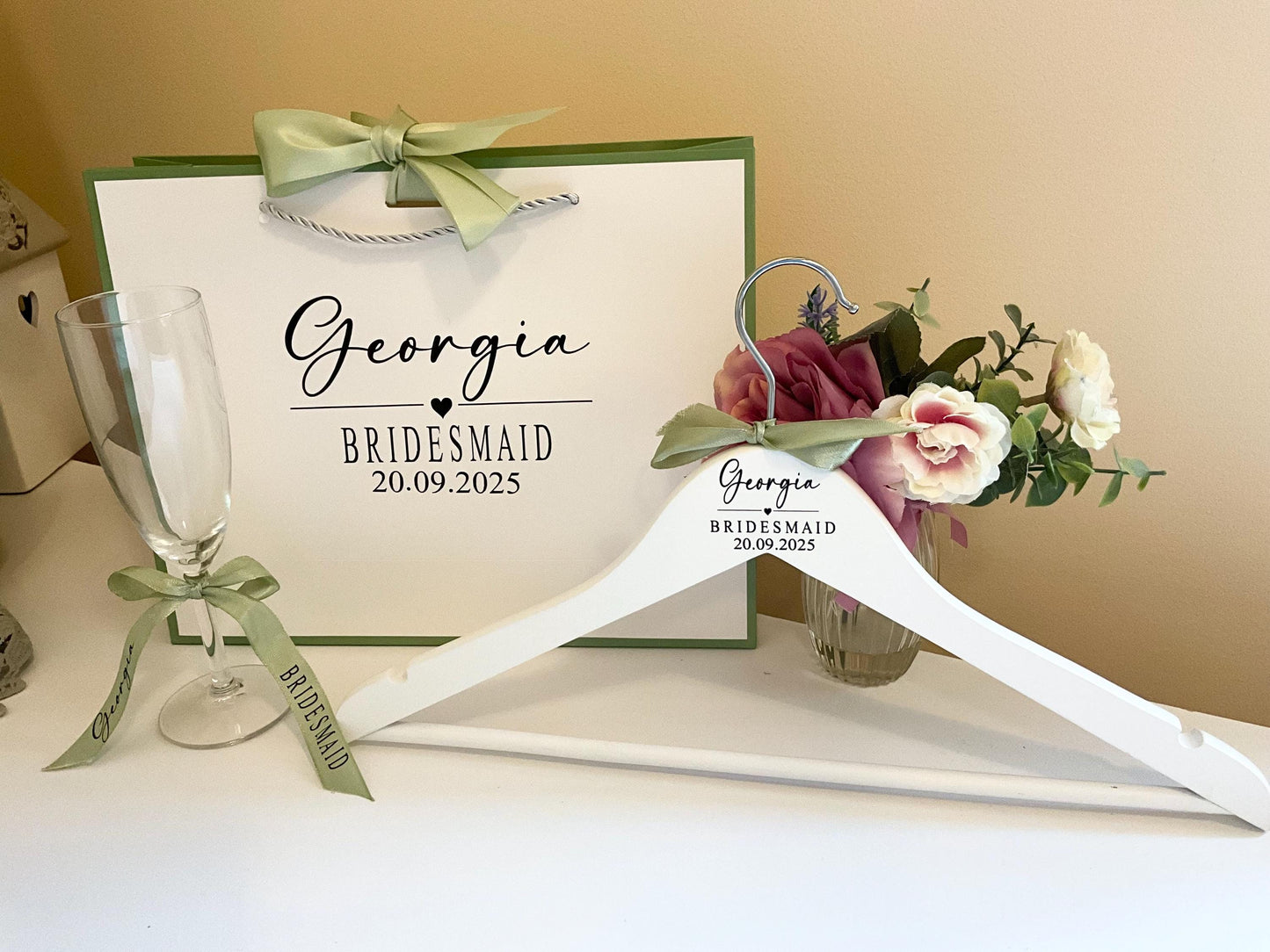 Personalised white wooden bridesmaid hangers with ribbon - wedding dress hanger - customised hangers for bridal party