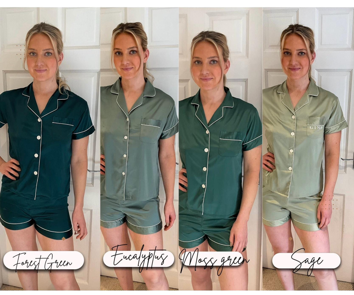Green Satin Pyjama Set for bridesmaid - Short Sleeve Bridal Sleepwear