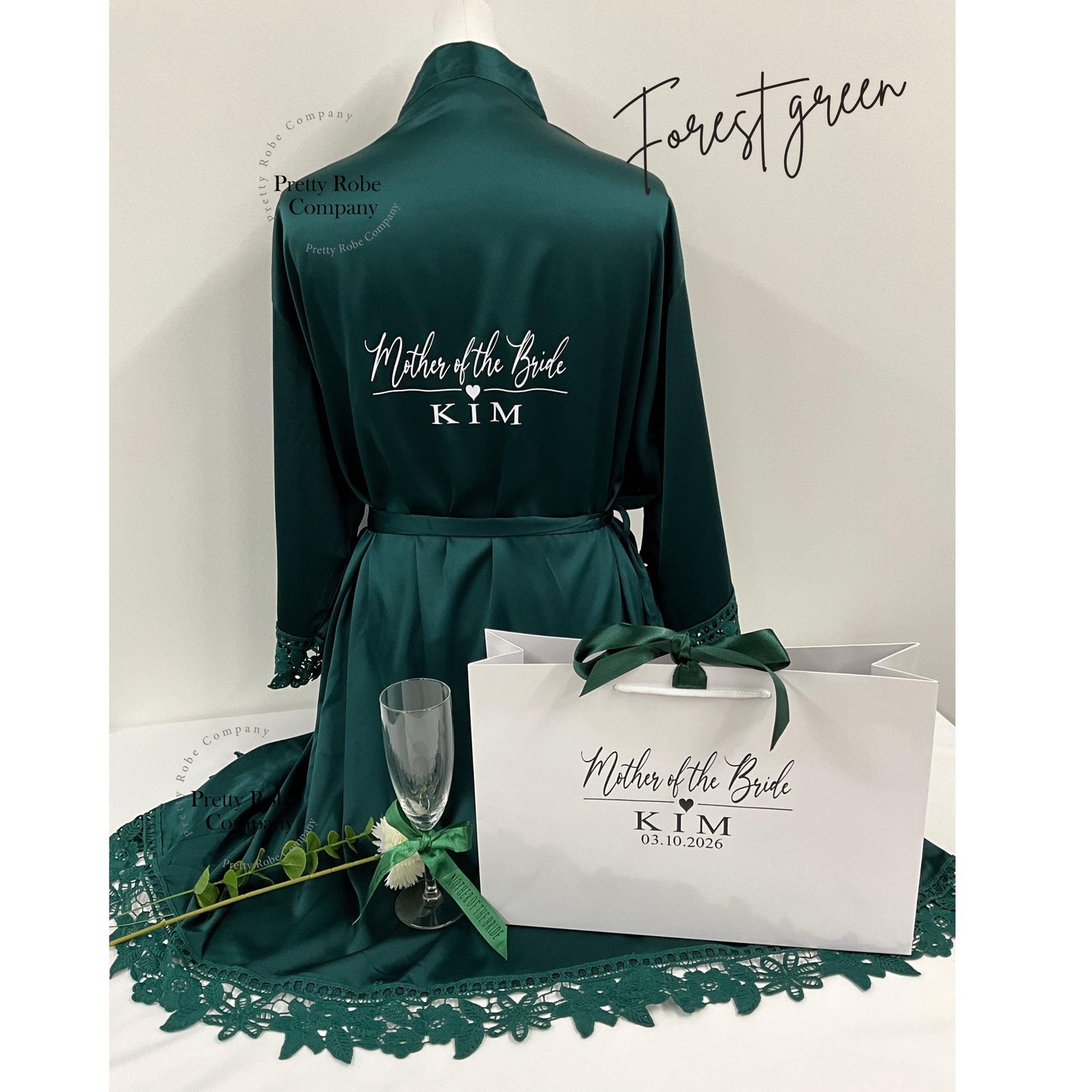 Personalised Bridesmaid Robe Gift Set | Satin Lace Robe | Matching Gift Bag, Hanger & Champagne Flute | Bridal Party Gift