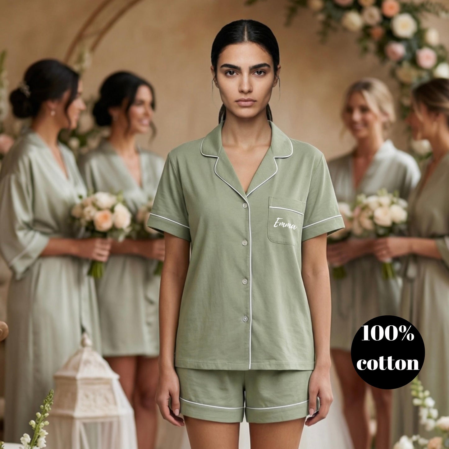 Bridesmaid Cotton Short Pyjamas  Bridal Party Gift - Sage green pj set- pink pyjama set