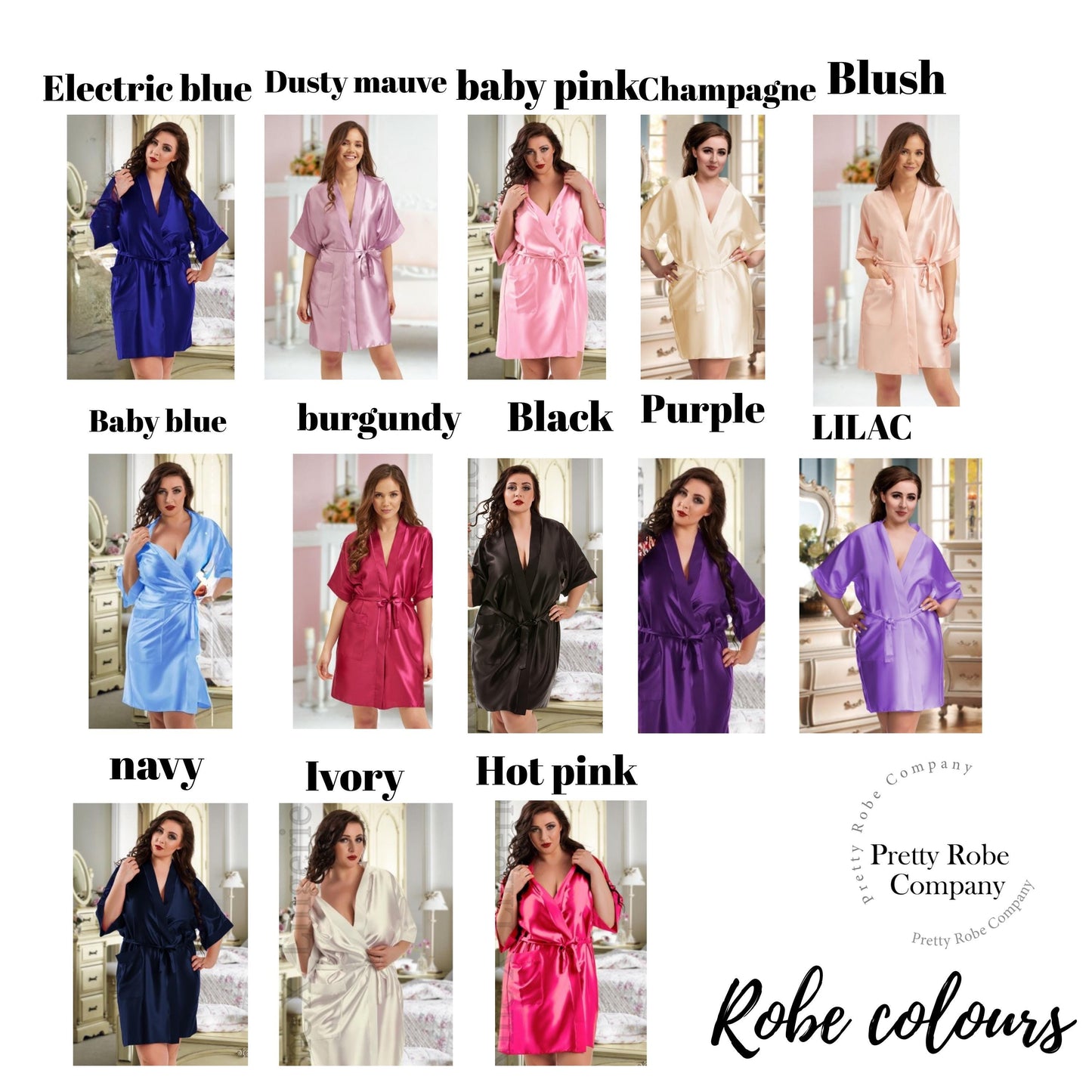 Plus size bridesmaid printed satin robes, bridal party dressing gowns, personalised blue wedding robes
