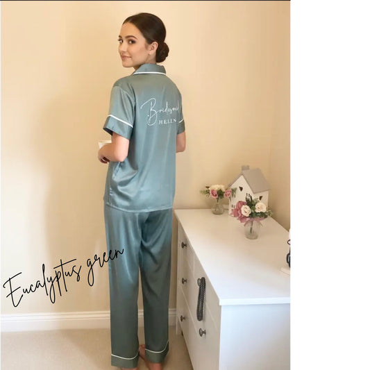 Bridesmaid matte satin long trouser short sleeved Pyjama Set, custom wedding pyjamas