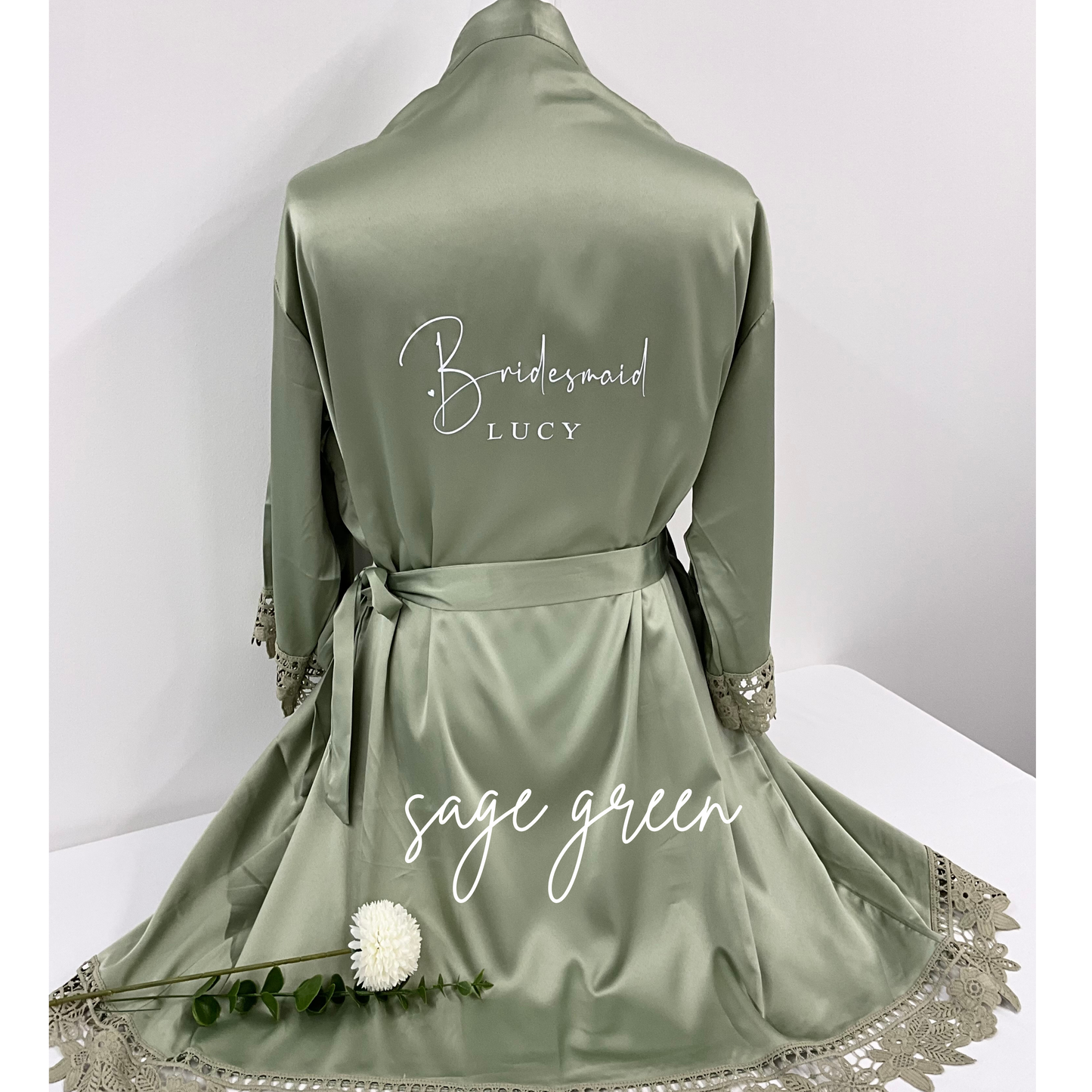 Personalised Bridesmaid Satin Robe – Lace Trim Bridal Party Gift